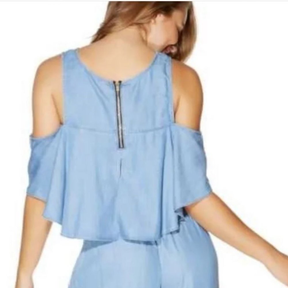 GUESS Blue Cold Shoulder Cropped Top - Picture 4 of 9